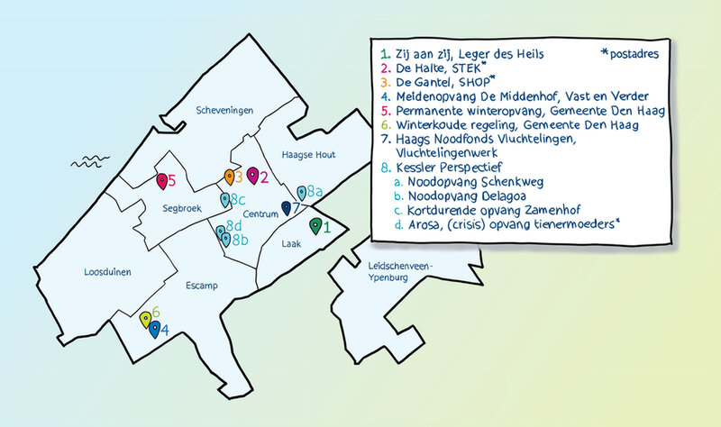 Overzichtskaart met stadsdelen in Den Haag waar de maatschappelijke opvangvoorzieningen voor vrouwen in Den Haag zijn.